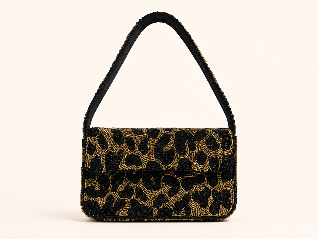 Midnight Muse Hand-Beaded Shoulder Bag – Black & Gold