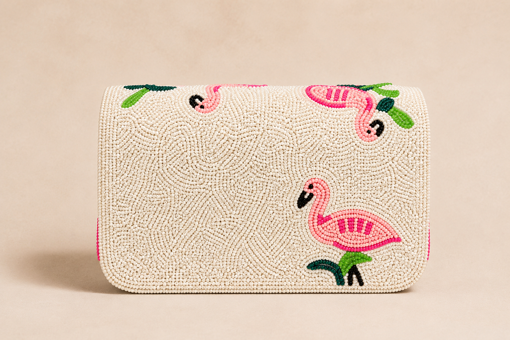 Flamingo Garden Hand-Beaded Shoulder Bag – Ivory &amp; Pink