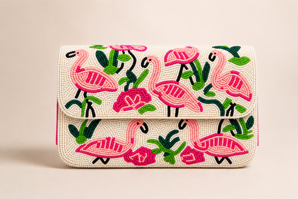 Flamingo Garden Hand-Beaded Shoulder Bag – Ivory &amp; Pink