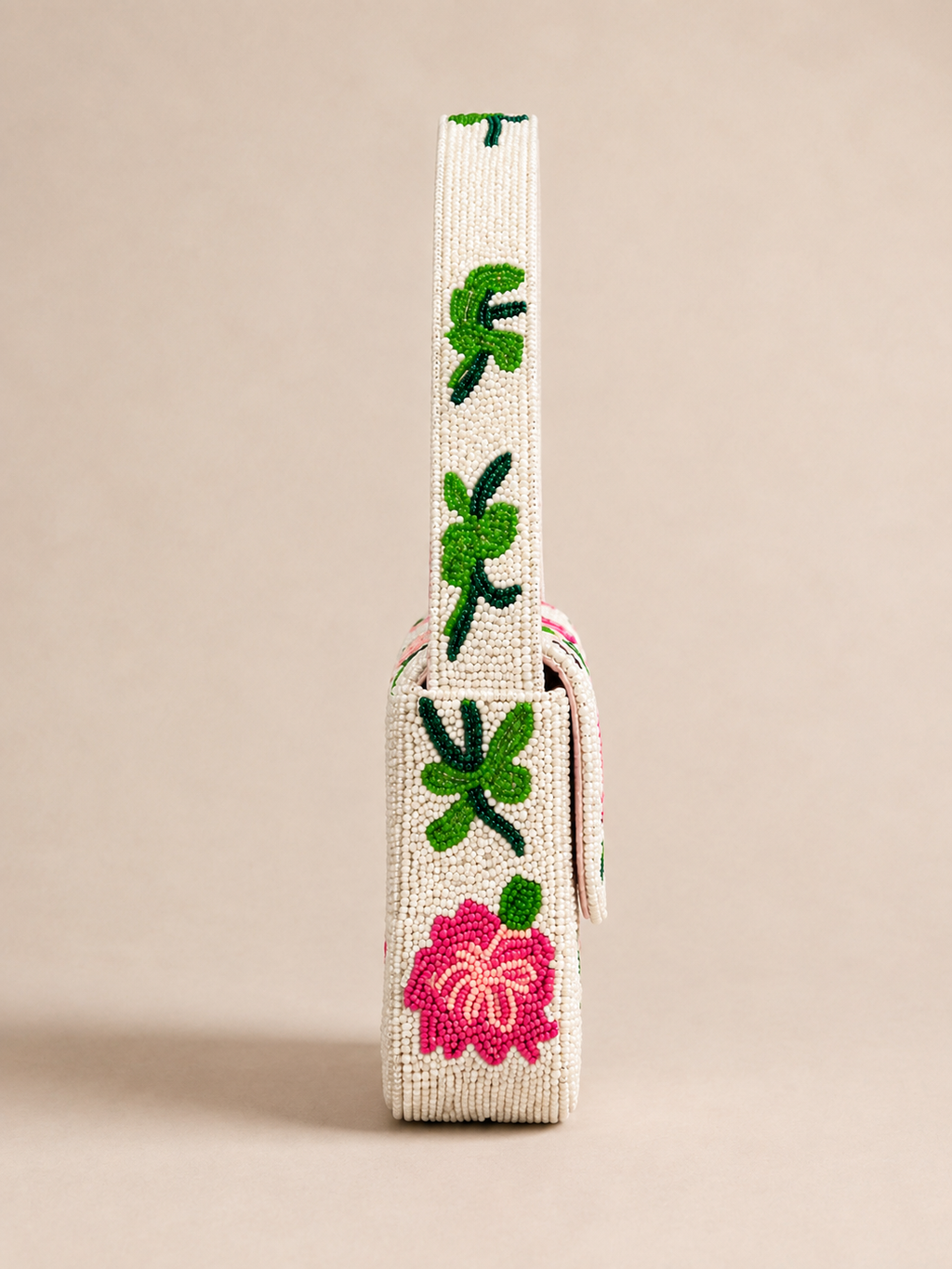 Flamingo Garden Hand-Beaded Shoulder Bag – Ivory &amp; Pink