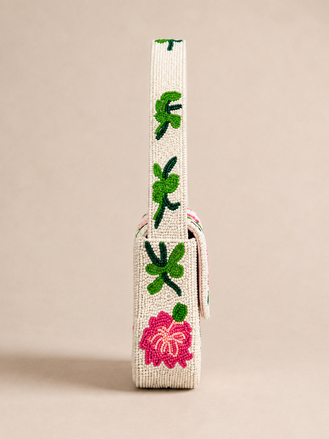 Flamingo Garden Hand-Beaded Shoulder Bag – Ivory &amp; Pink