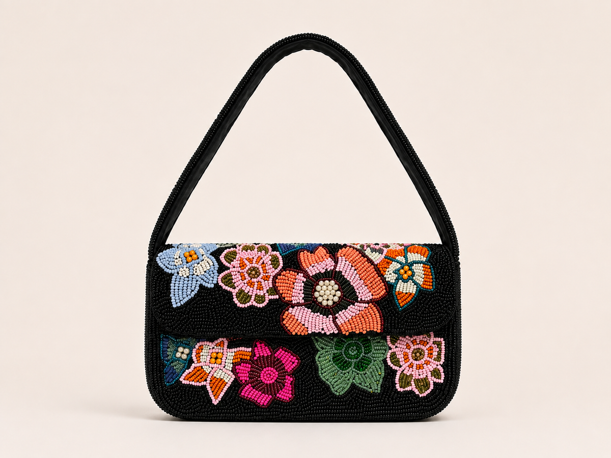 Midnight Garden Hand-Beaded Floral Shoulder Bag